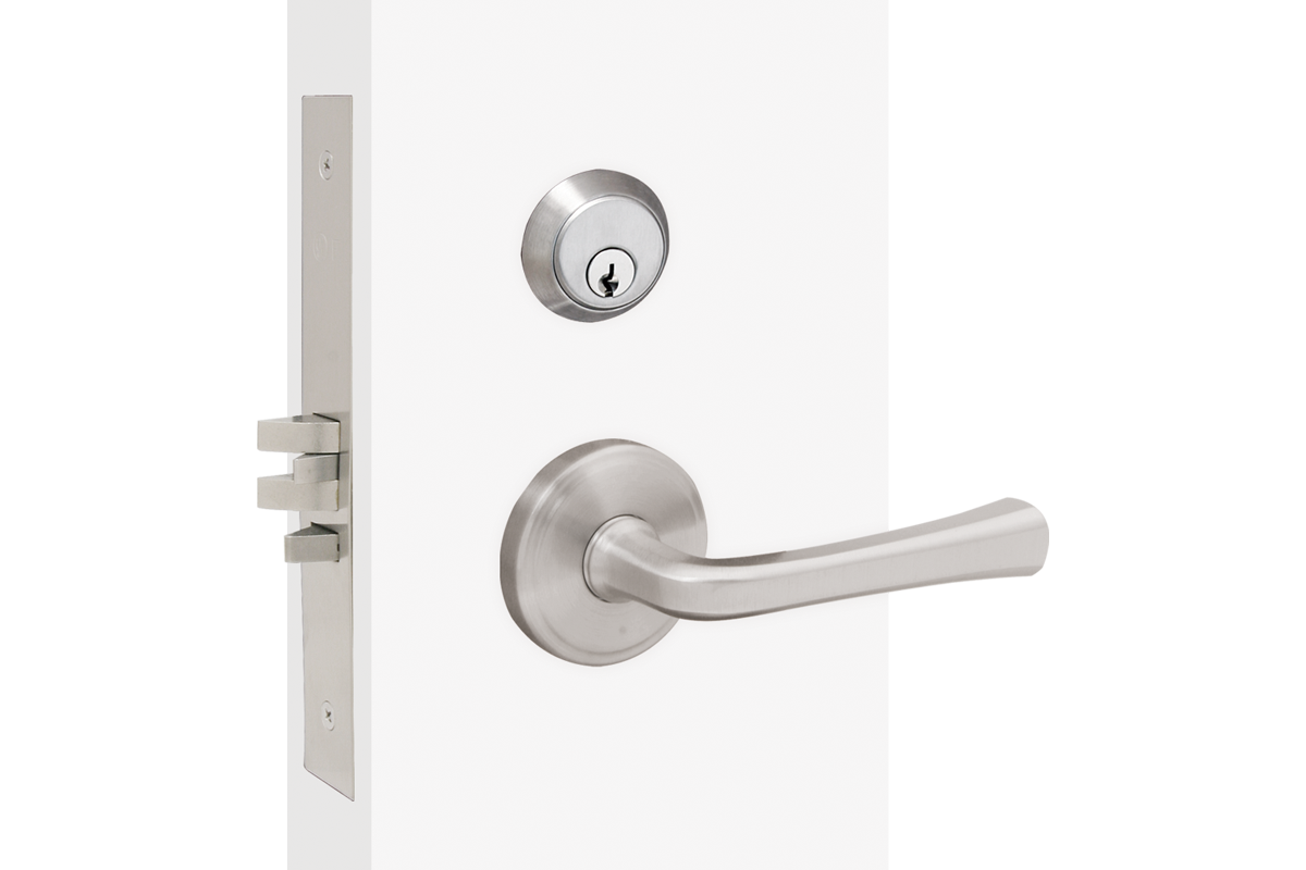 This sectional lock places the deadbolt above the lever. The lever starts off less wide at the rose and gradually expands outward towards the end, like a rose. There are 4 lines on each edge.