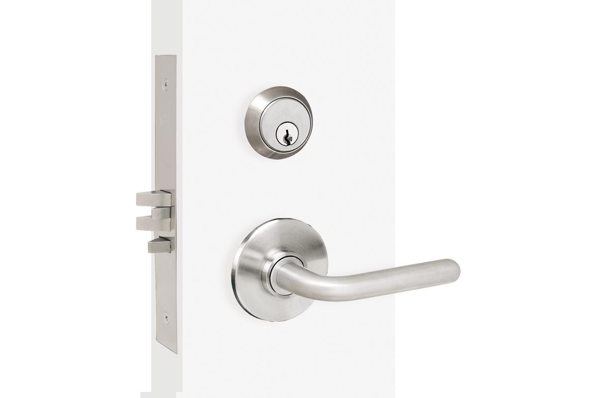 This sectional lock has a very rounded lever that is below the deadbolt. Both are seperated. The lever has only rounded edges and is not flat. Rose is cylindrical and flat.