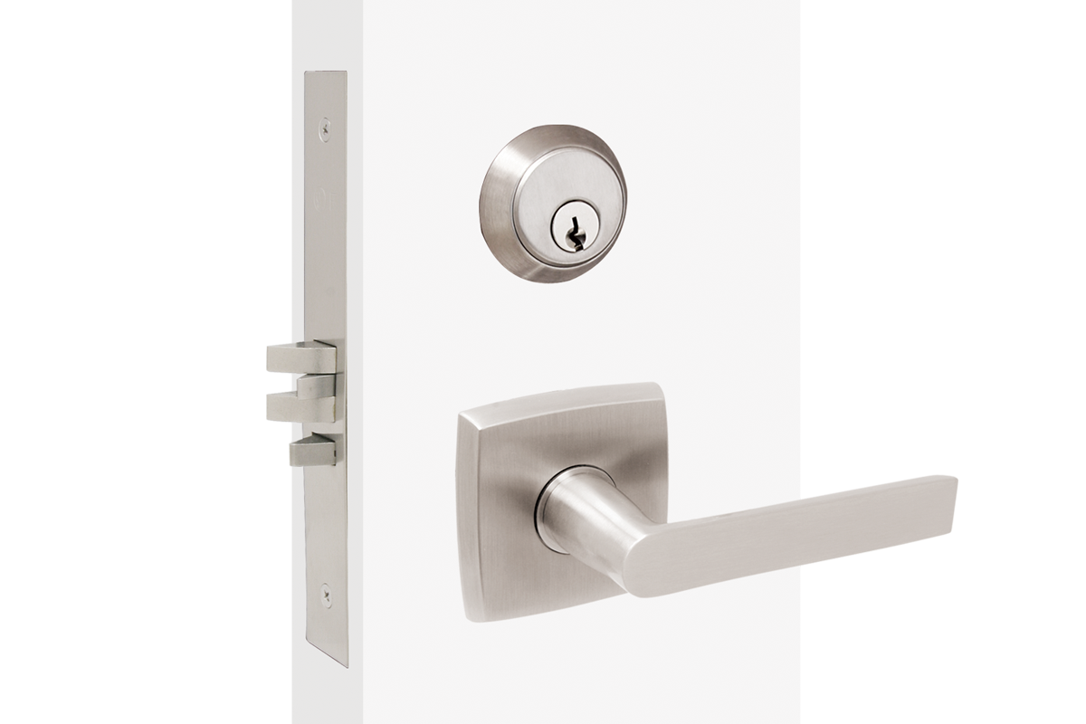 This sectional design keeps the deadbolt above the lever. The lever is flat and relatively thin.