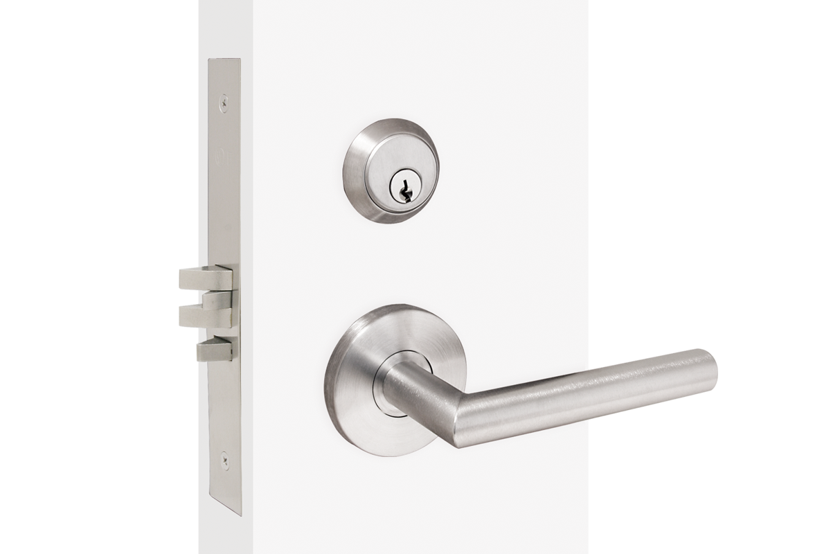 This sectional lock keeps the deadbolt and lever seperate. The deadbolt is above the lever and lever is rounded in its design. The rose is also rounded with a flat face.
