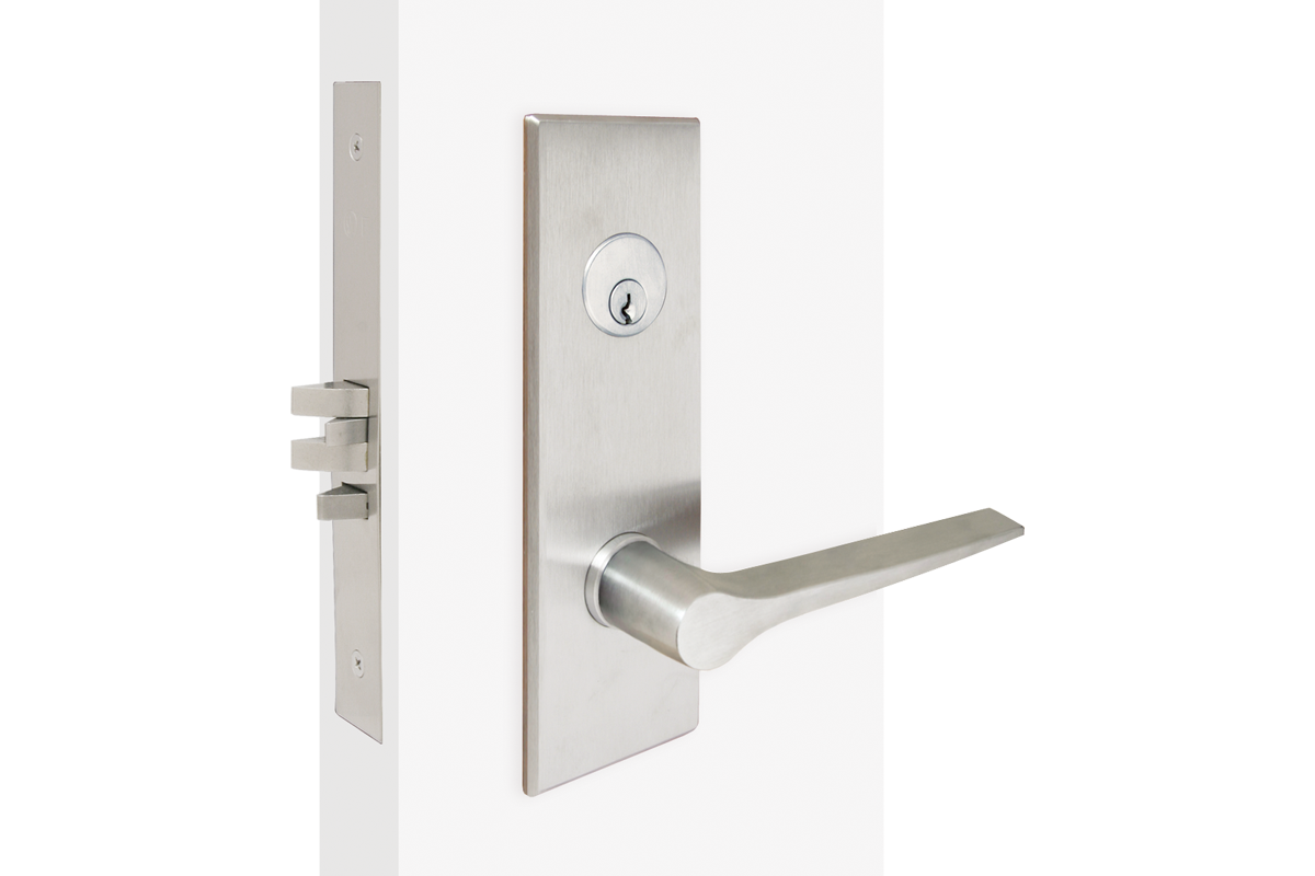 The trim encapsulates the deadbolt and leaver. Deadbolt is above the lever. Lever's face resembles a enlongated tear drop and is flat. The top of the lever is also flat but rounds off as it reaches the stem.