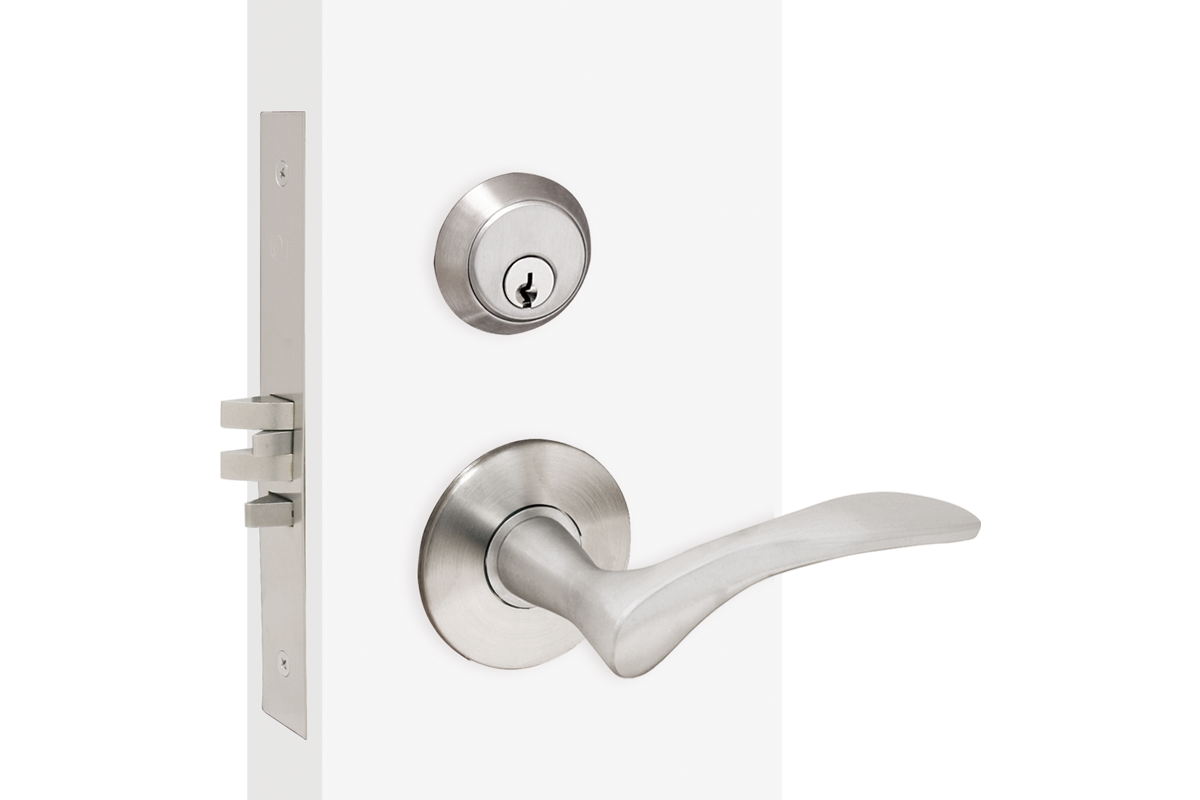This sectional design keeps the deadbolt seperate from the lever. The lever is aladin-esque and has a beautiful curve that rises from the stem then drops back down gradually.