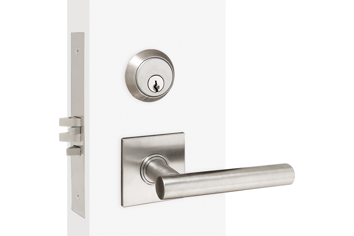 This sectional design keeps the deadbolt above the lever. The rose is square and the lever is rounded, perpendicular to the stem.