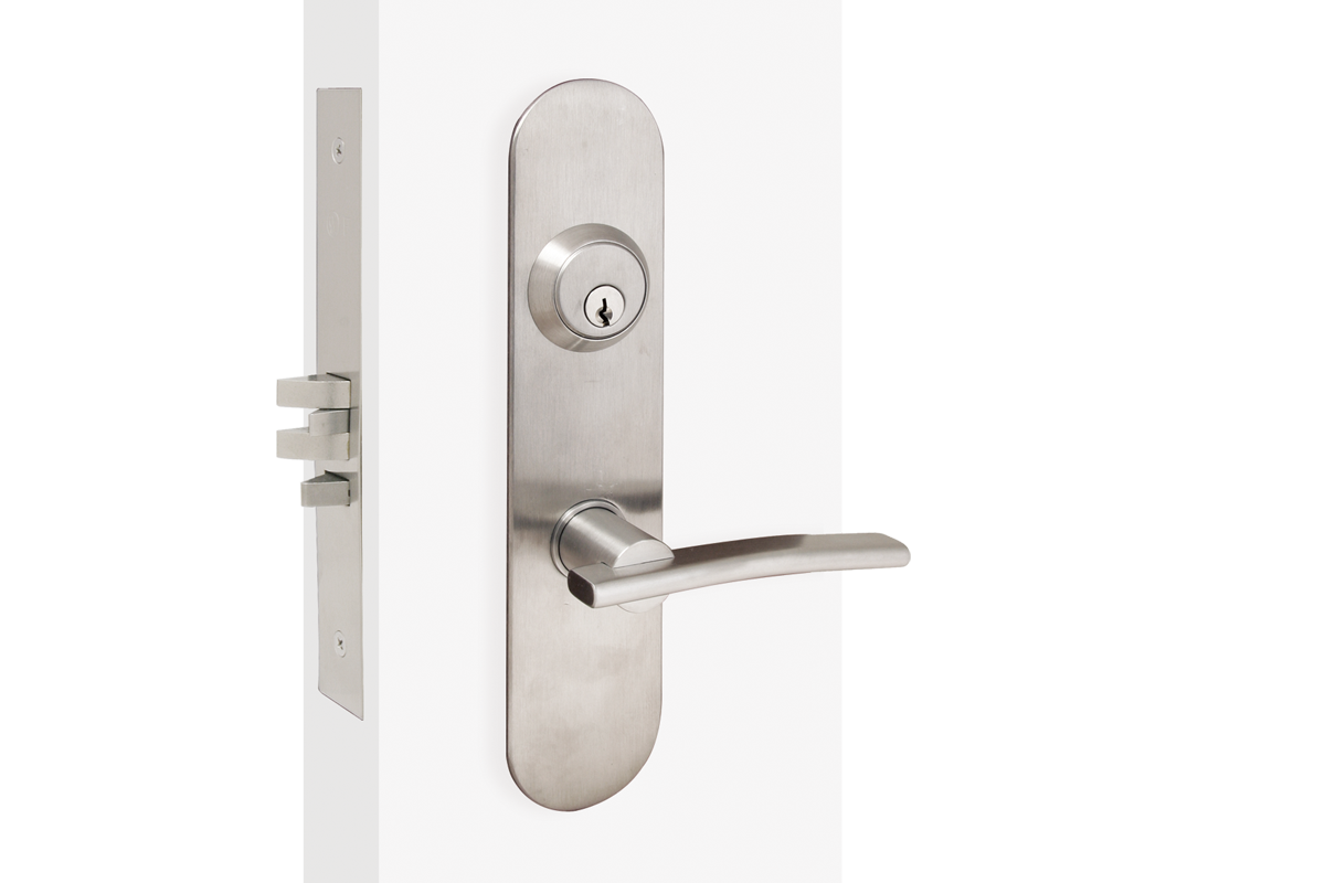 This lock has an oval trim that encapsulates the deadbolt and lever. The lever is bend slightly and is flat on the top and bottom, but round at the sides. The stem is cylindrical.
