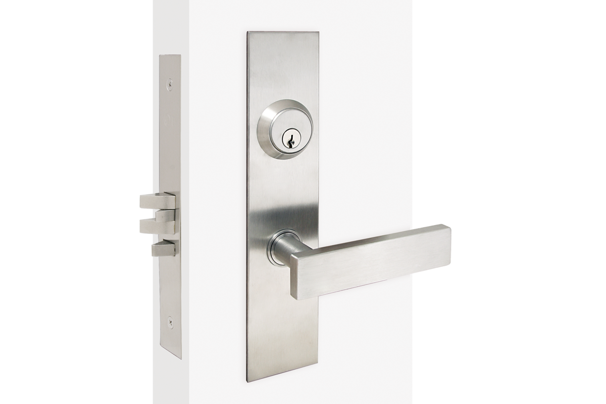 The face of the lock encapulates both deadbolt and lever in a square trim. The lever, below the deadbolt, is flat and thin. The stem is round.