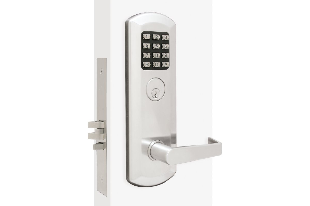 Front of this lock shows (in this order from top to bottom) a keypad, manual key override, and lever, all encapsulated in an elongated trim.