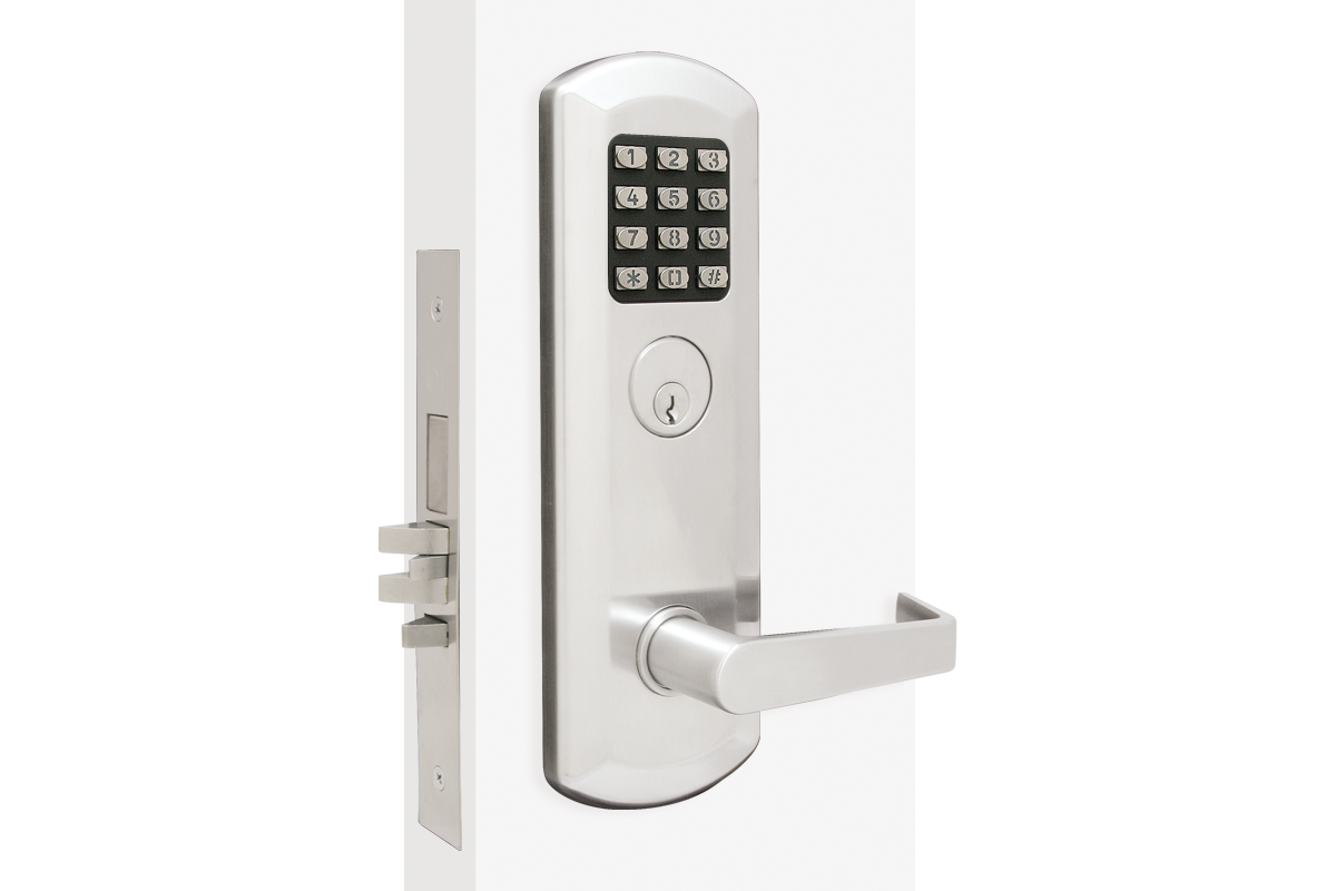 Front of this lock shows (in this order from top to bottom) a keypad, manual key override, and lever, all encapsulated in an elongated trim.