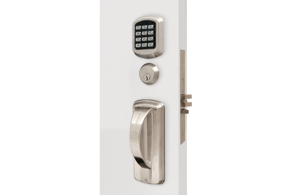 Front of lock shows a silver keypad at the top. Below it is a manual key override. Towards the bottom is a 5 point ligature resistant lever.