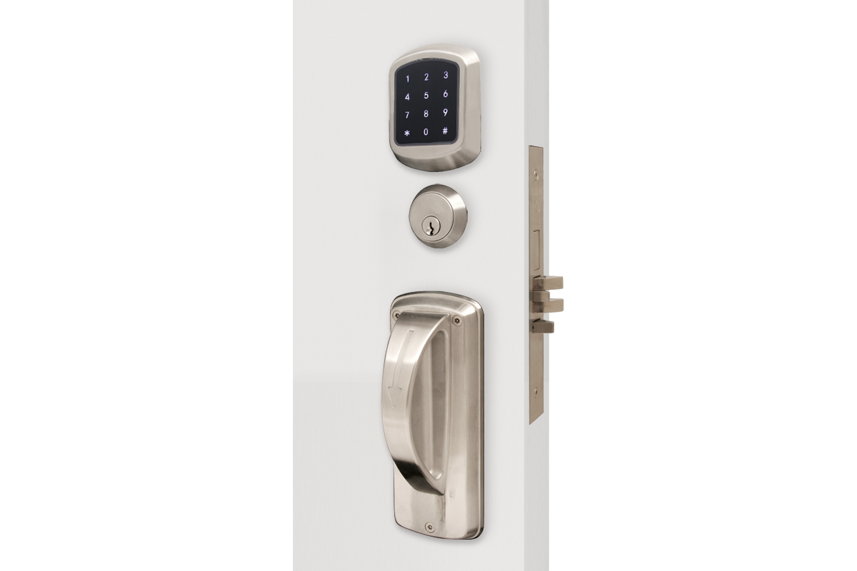 Front of lock shows a silver touch keypad at the top. Below it is a manual key override. Towards the bottom is a 5 point ligature resistant lever.