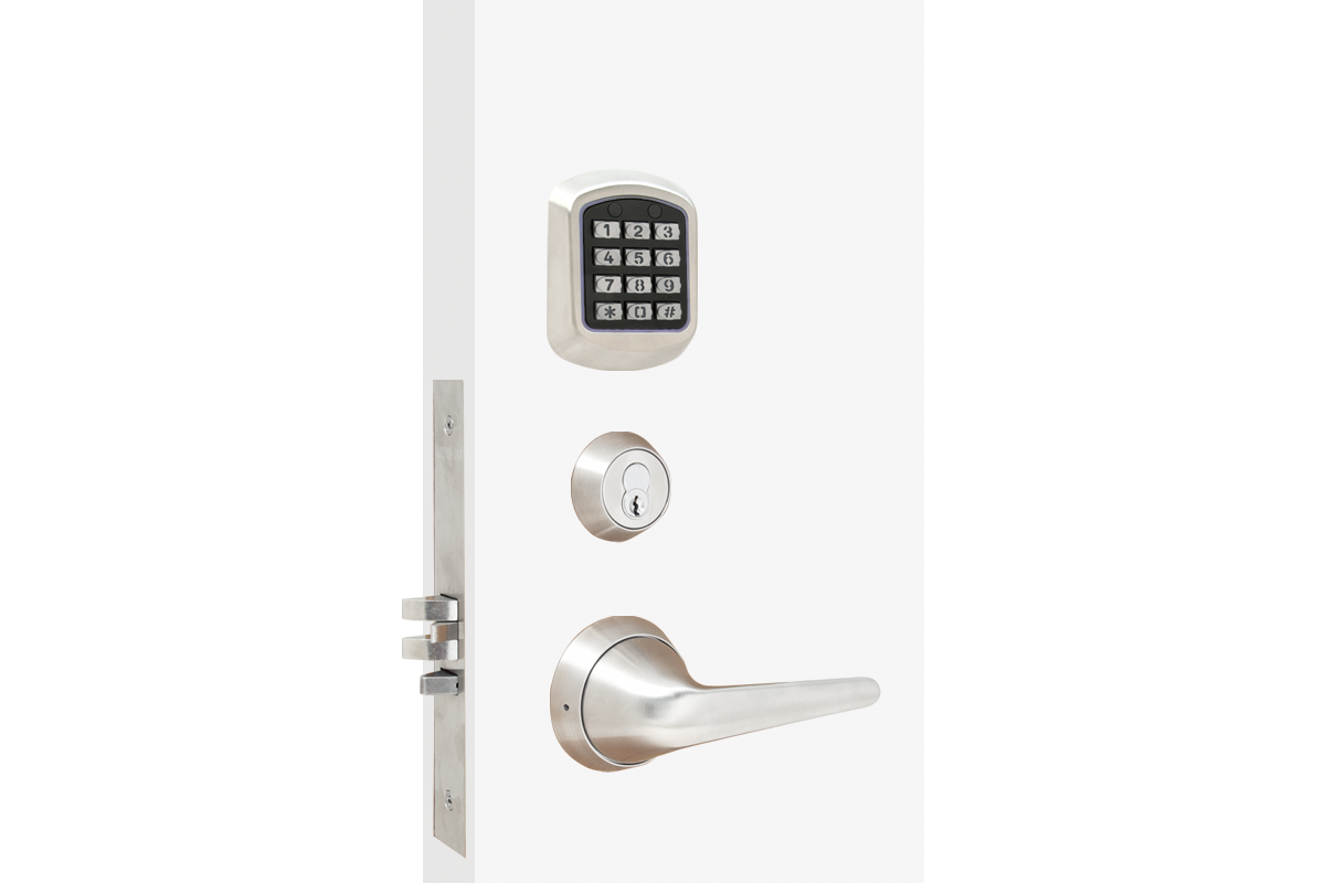 Front of lock shows a silver keypad at the top. Below it is a manual key override. Towards the bottom is a ligature resistant lever.