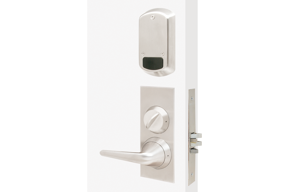 Rear portion of the lock show a silver module at the top with the thumb turn and lever surrounded by a trim.