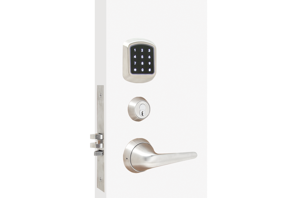 Front of lock shows a silver touch keypad at the top. Below it is a manual key override. Towards the bottom is a ligature resistant lever.