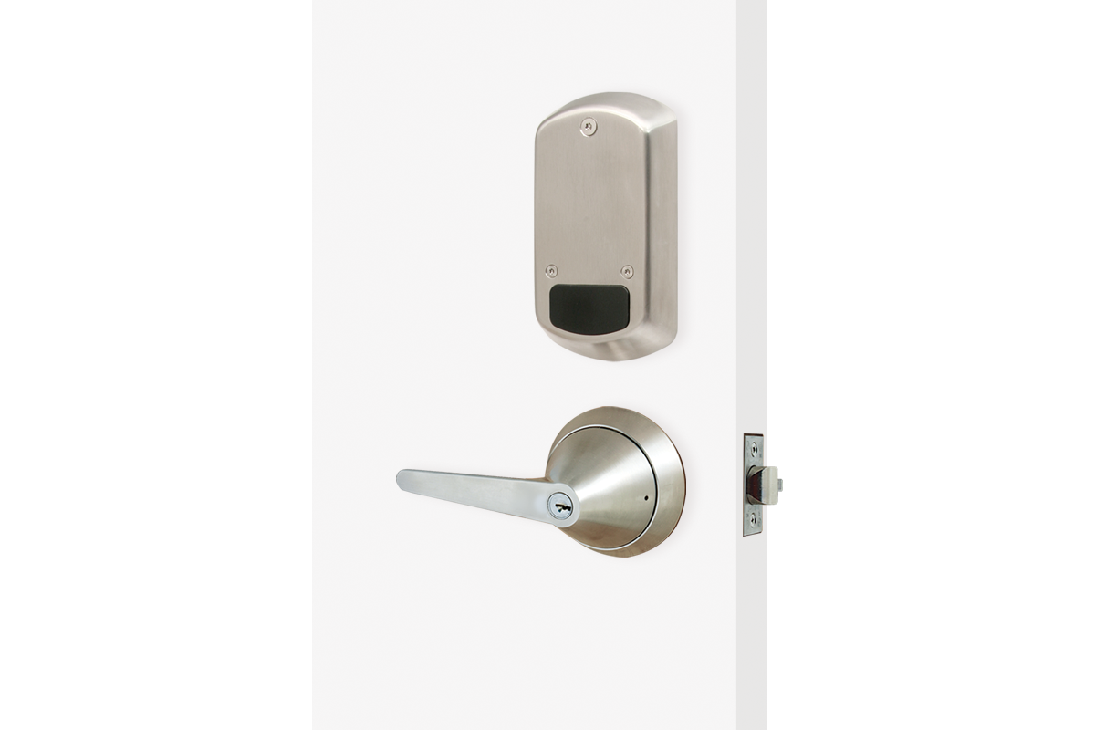 Ligature resistant electronic lock with a metal button keypad.