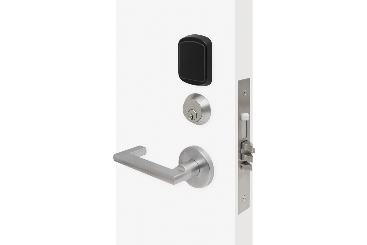 Front of lock shows a manual key override while above it sits a black reader and below it is the lever.