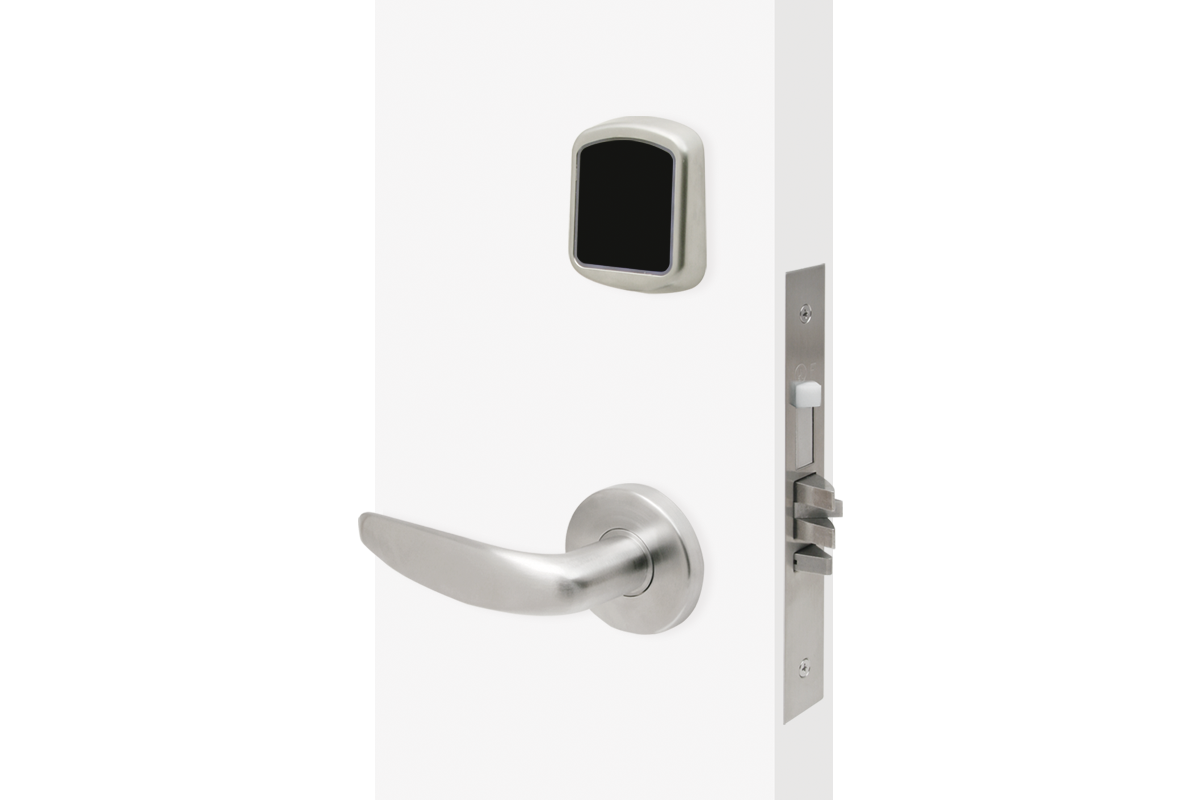 The lock seen from outside shows a silver reader that is equipped with touchpad functions with the lever below it.
