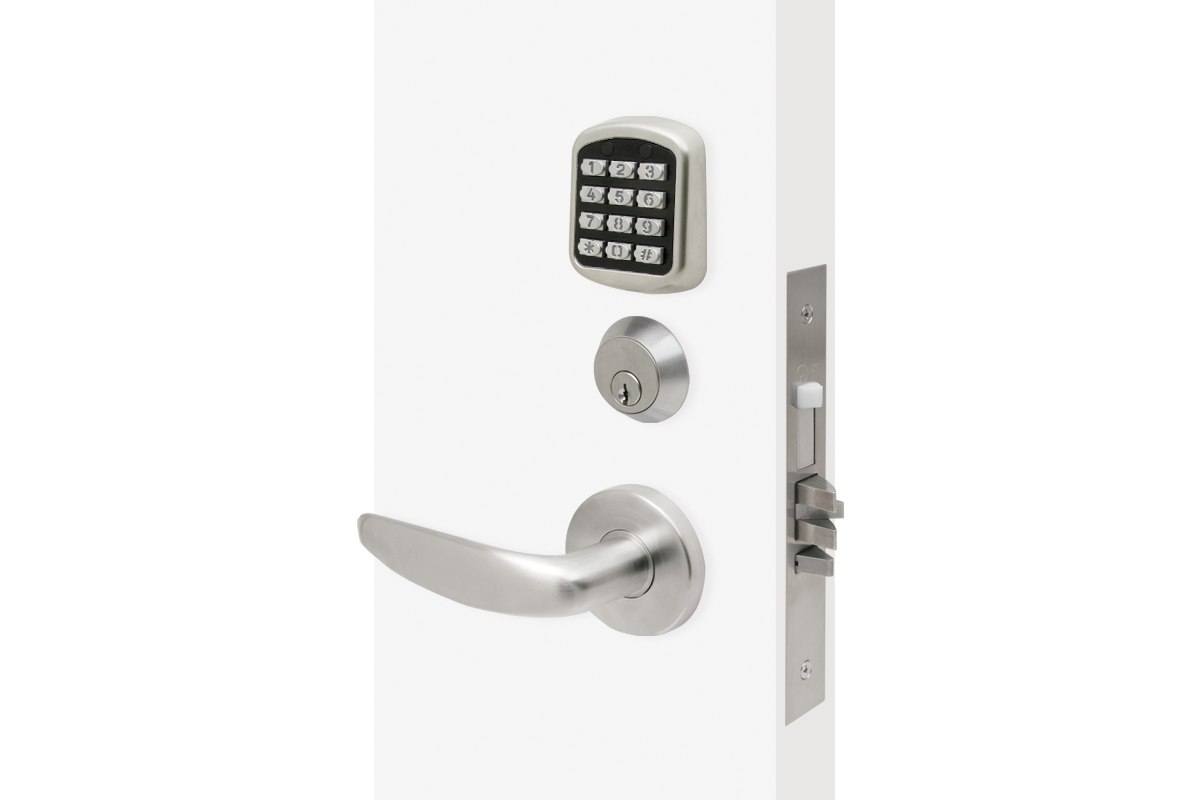 Front of lock shows a manual key override while above it sits a silver keypad and below it is the lever.